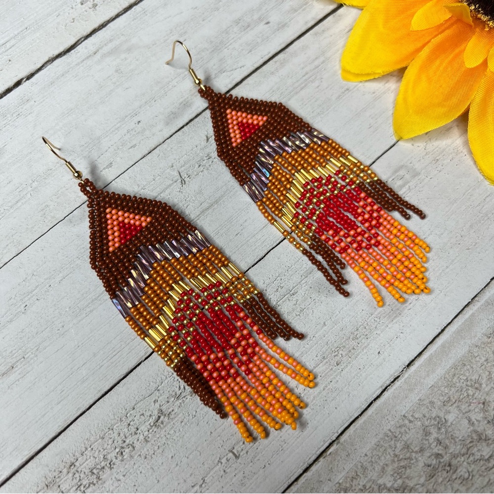 Seed Beaded Earrings Native‎ American Themed Dangle 3.75 Inch Handmade Jewelry